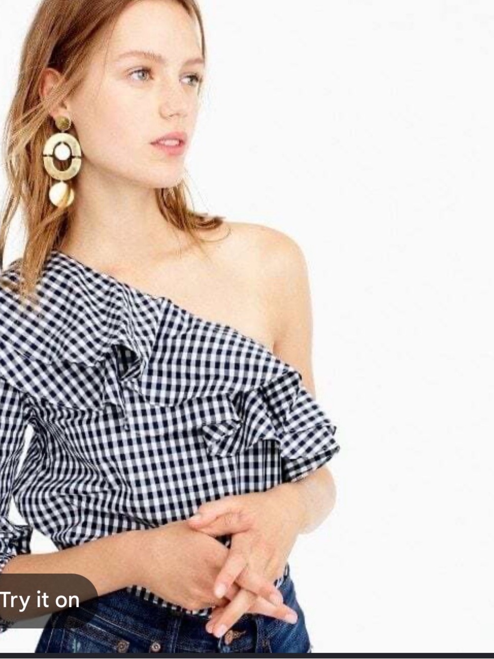 J. Crew Navy & White one shoulder Gingham Top